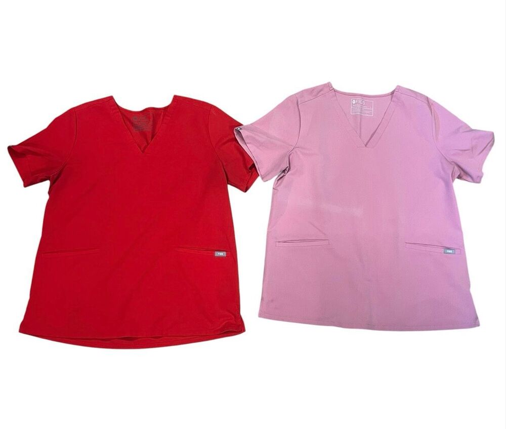 2 Figs technical Casma Large nurse red pink v neck pockets scrub top hospital